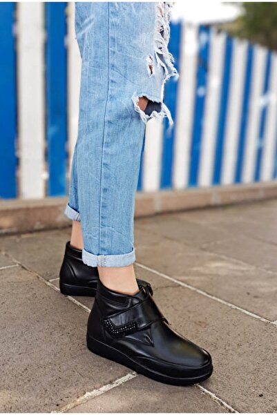 WHİTE LİNE Anne Siyah Renk Cilt Deri Cırtlı Düz Taban Anne Ayakkabısı