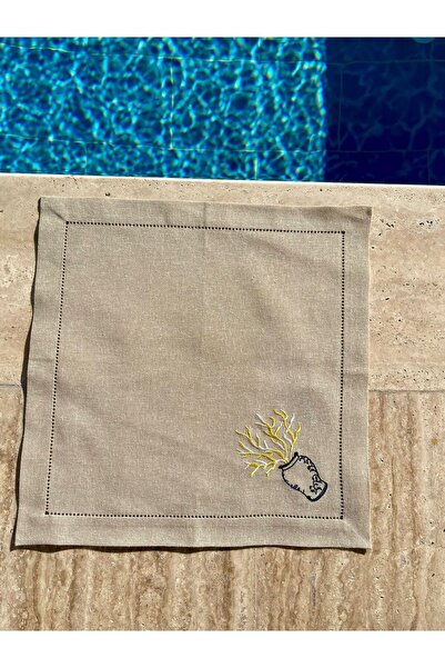 Klas Home Decor Coral Antique Edged Embroidered Italian Linen Napkin Yellow