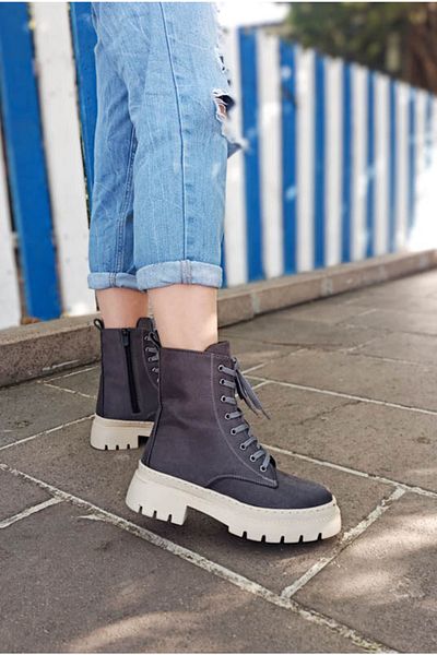 GDT Ayakkabı Γκρι Suede Lace Up Γυναικείες Μπότες με φερμουάρ
