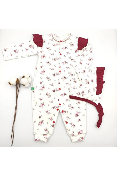 Bebek Star Organik Kaşkorse Şapkalı Çiçekli Bordo Kız Bebek Tulumu %100 Cotton