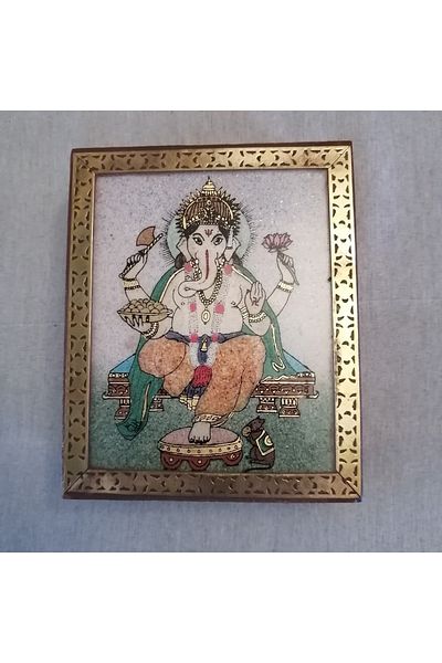 Butik Tülin Authentic Rosewood Multi-Colored Sand God Ganeş Illustrated Glass Velvet Brass Decorated Box