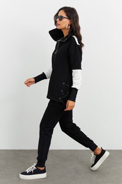 Cool & Sexy Schwarzes Trainingsanzug-Set mit seitlicher Schnürung für Damen iZ505