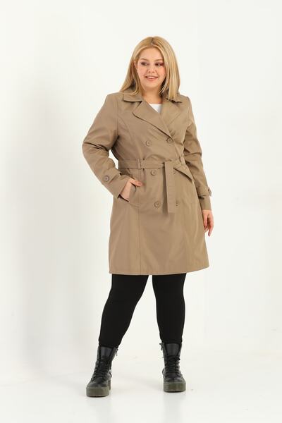 TUTveAL Collection Kadın Suya Dayanıklı Büyük Beden Trençkot Kemerli Kruvaze Trençkot Bonded Kumaş Astarlı Vizon