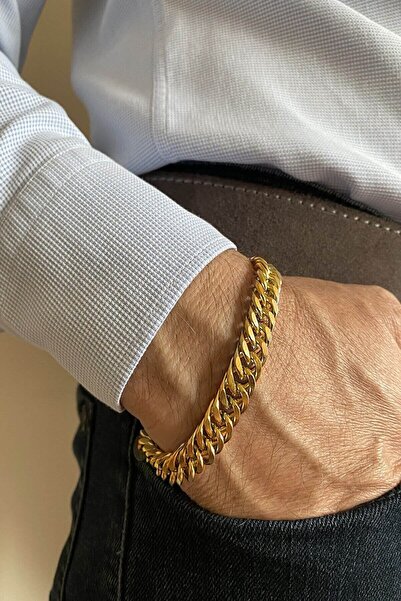 THE Steel Unisex Kararmaz Kalın Küba Gold Çelik Bileklik