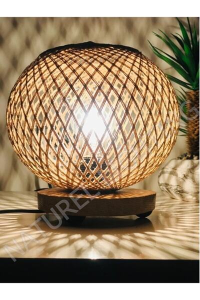 ASYA BAZAAR Ipli Küre Lamba Ahşap Abajur Aydınlatma Açma Kapatma Düğmesi Yoktur