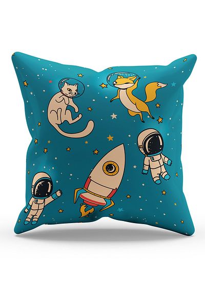 Moud's Double Sided Printed Astronaut Cat and Fox Patterned Suede Throw Pillow Cover