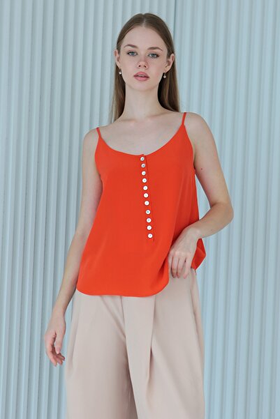 LAVİNİST بلوزة برتقالية 100% بحمالات من الحرير