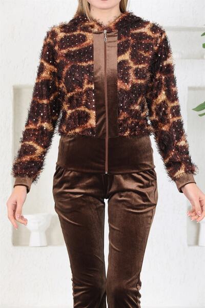 WestBound Σετ αθλητική φόρμα με μοτίβο λεοπάρ καφέ βελούδο