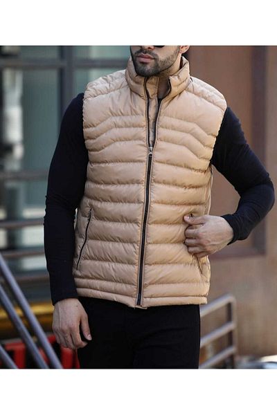 Factor Men's Beige Puffer Vest Collar Leather Detailed 91015