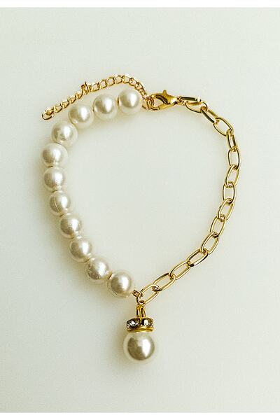 BİJUTERİ EVİ Oval Incili Kalın Zincir Detaylı Kadın Kolye Bileklik Küpe Seti
