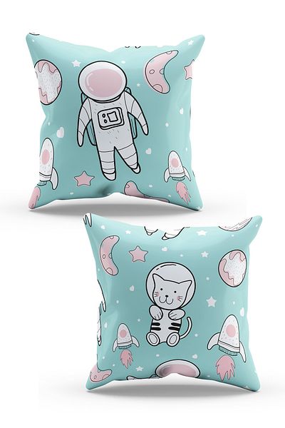 Moud's Double Sided Printed Astronaut Cat Patterned 2-Piece Combination Suede Throw Pillow Cover