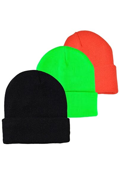 AİLEMM TEKSTİL Set de 3 berete pliabile unisex de iarnă portocaliu-negru-verd...
