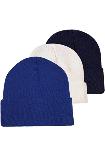 AİLEMM TEKSTİL Unisex Χειμερινό Σετ 3 τεμαχίων Μπερέδες σε μπλε-λευκό-μαύρο χ...