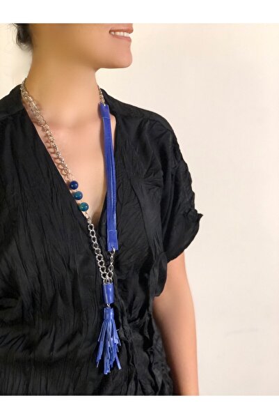 AGG TASARIM Mavi Boncuklu Uzun Zincir Deri Kolye