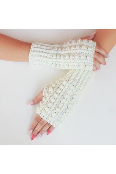 YOS TREND Kadın Beyaz Desenli Kadın Eldiveni Yarım Kadın Eldiveni