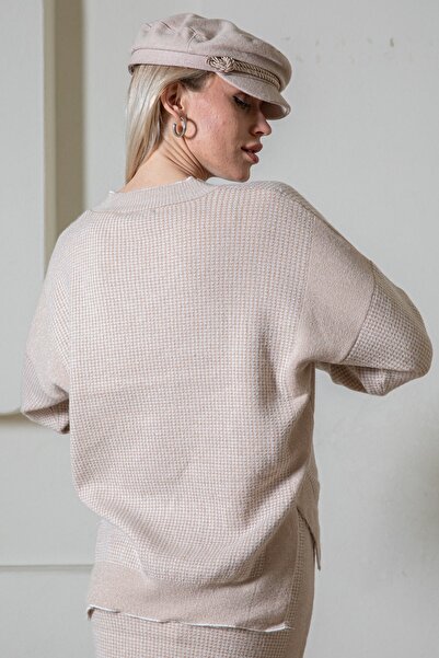 Serianno Kadın V Yaka Düşük Kol Pitikare Desenli Kazak