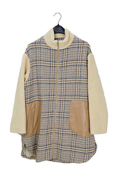 SEDNA Kadın Dik Yaka Ekoseli Peluş Mont Kap 2619