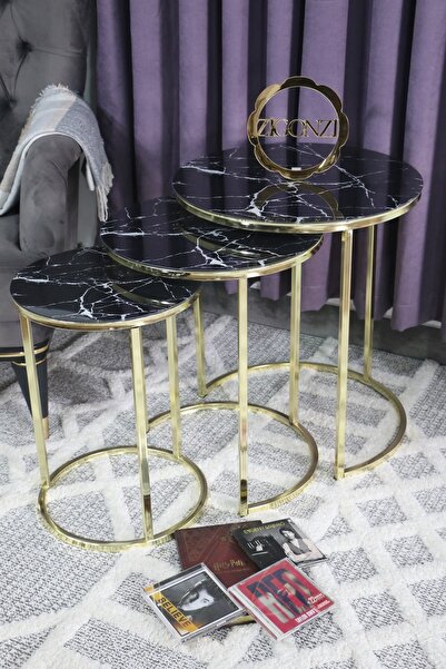 Zigonzi Üçlü Zigon Gold Ayak Siyah Temperli Cam - Beyaz Mermer Desenli Sehpa -