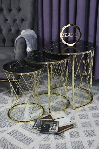 Zigonzi Üçlü Zigon Hasır Sehpa ( Siyah - Sarı Desenli) -