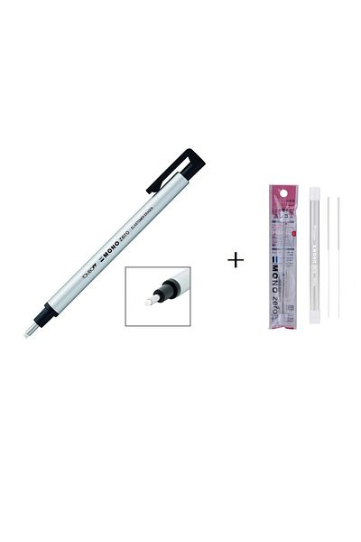 Tombow Mono Zero 2.3 Silver Pencil Eraser and Set of 2 Refills