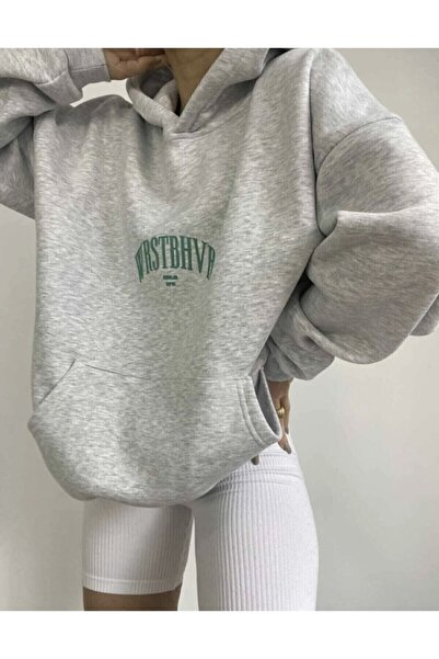 BYMEER Kadın Gri Dont Annouce Baskılı Oversize Hoodie Sweatshirt