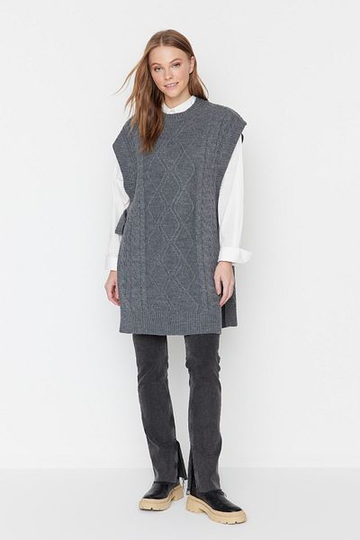 Trendyol Modest Anthrazitfarbener geflochtener Strickpullover mit Schnürung an der Taille TCTAW22UV0018