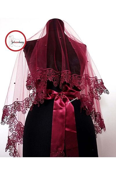 Gelincimherşey Burgundy Pearl Laced Veil Belt Gloves Set