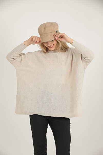 VEGENZE Γυναικών μπεζ κηρήθρα μοτίβο λεπτό πουλόβερ Poncho πουλόβερ