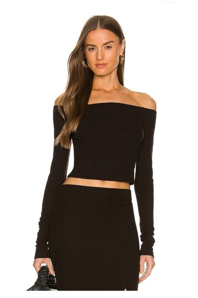 Zagrep Women's Black Strapless Cut Crop Blouse Long Sleeve Silk Jersey