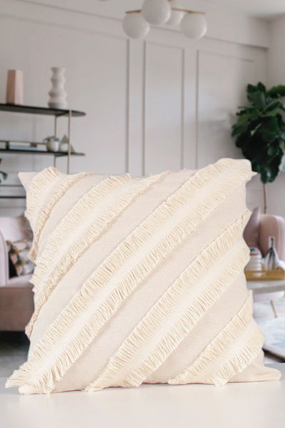 NDC HOME Special Design Cross Double Tasseled Single Linen Cream Throw Pillow Cover