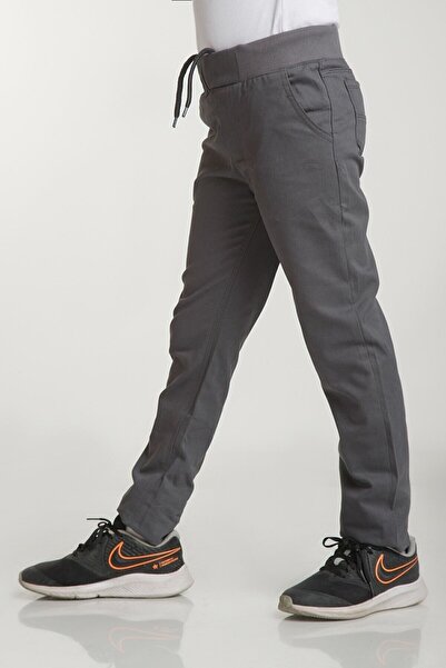 FATELLA Unısex Çocuk Rıbana Bel Açık Gri Canvas Okul Pantolonu