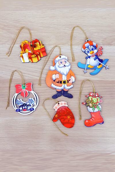 Burak Baskı Tasarım مجموعة خشبية تحت عنوان عيد الميلاد مكونة من 6 قطع زينة شج...