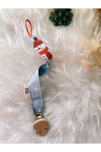 GOER STORE Natural Wooden Red Detailed Christmas 100% Cotton Fabric Baby Pacifier Hanger