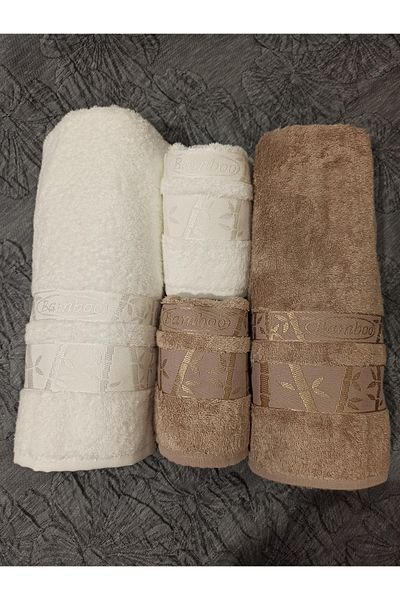 ŞENER HOME Σετ μπάνιου μπαμπού πρώτης ποιότητας 4 τεμαχίων, πετσέτα μπάνιου και κεφαλιού - κρέμα & καφέ