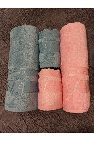 ŞENER HOME Набір для ванної кімнати з бамбука першої якості, 4 предмети, рушник для ванної та рушник для голови - м'ятний та рожевий