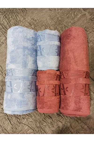 ŞENER HOME Set de baie din bambus de prima calitate din 4 piese, prosop de baie și prosop de cap - albastru și trandafir uscat