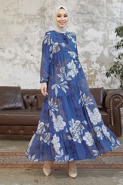 InStyle Šaty z šifonu Jalya s knoflíkovým límcem - indigové