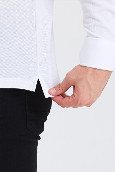 ENQUE Чоловіче поло з довгим рукавом з комфортним коміром Basic White Tisort