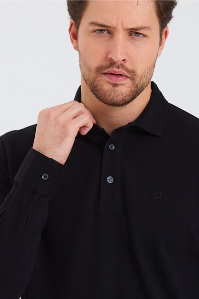 ENQUE Ανδρικό μπλουζάκι Polo Neck Comfort μακρυμάνικο Basic μαύρο