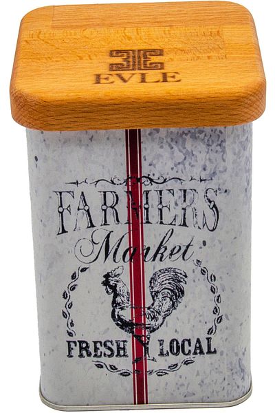 EVLE Er214-6o Country Farmers Patterned Square Metal Storage Container with Wooden Lid 11x11 Cm