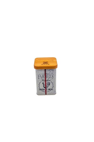 EVLE Er214-6o Country Farmers Patterned Square Metal Storage Container with Wooden Lid 11x11 Cm