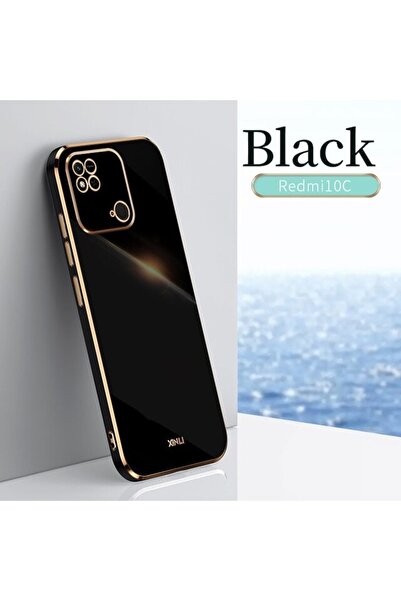 Fibaks Xiaomi Redmi 10C / Poco C40 Kılıf Kamera Korumalı Parlak Kenarlı Altın Işlemeli Kapak Uyumlu