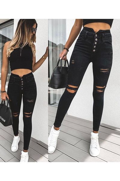 rengamoda Women's Black, High Waist Button and Ripped Detailed Jeans Jeans 92cm