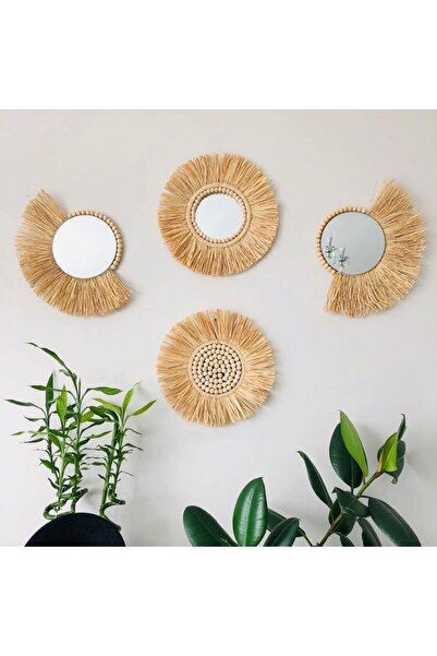 TrendSende Hasır Rafya Ayna 4'lü Set