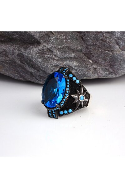 Tesbihsepetim Blue Topaz Taşlı Yıldız Model Erkek Gümüş Yüzük