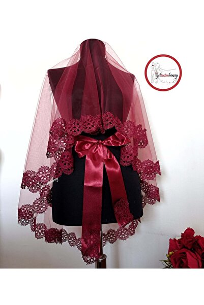 Gelincimherşey Burgundy Wreath Laced Lace Bridal Veil Gloves Sash Complete Set
