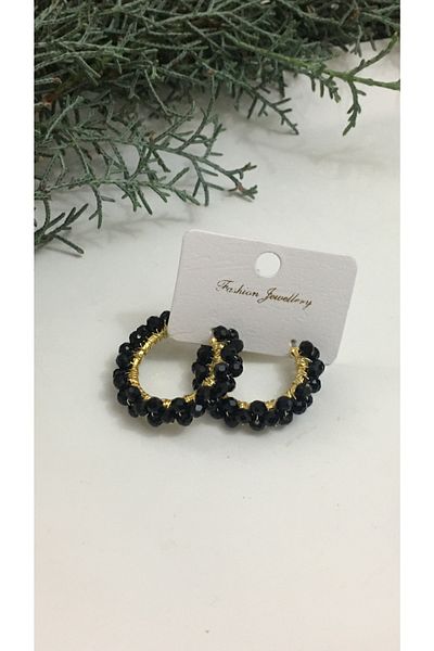 Gizemli Aksesuar Women's Black Wrap Bead Medium Size Design Hoop Earrings