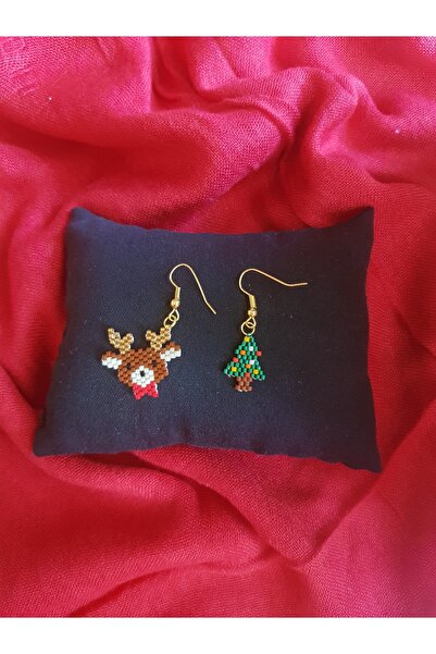 SEARD Miyuki Boncuk El Yapımı Geyik Ve Minik Çam Ağacı Küpe Yılbaşı Christmas Noel