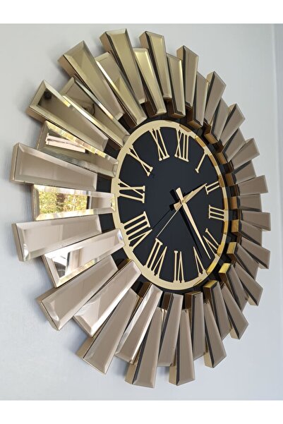 AYNA DENİZİ Güneş Twins Golden Jet Black Model Altın Siyah Renk 70 Cm Dekoratif Aynalı Duvar Saati
