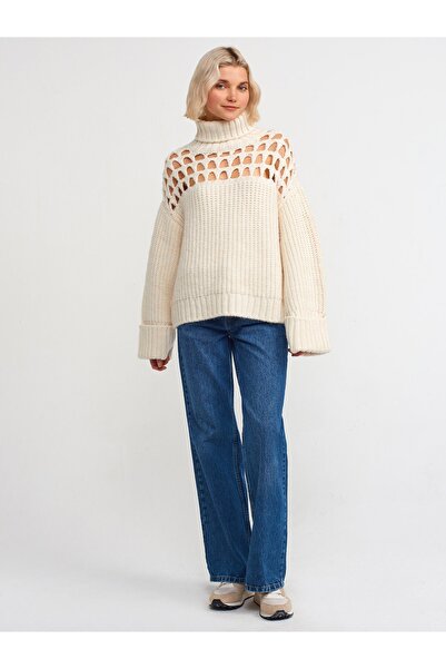 Dilvin 10303 Turtleneck Openwork Sweater-ecru